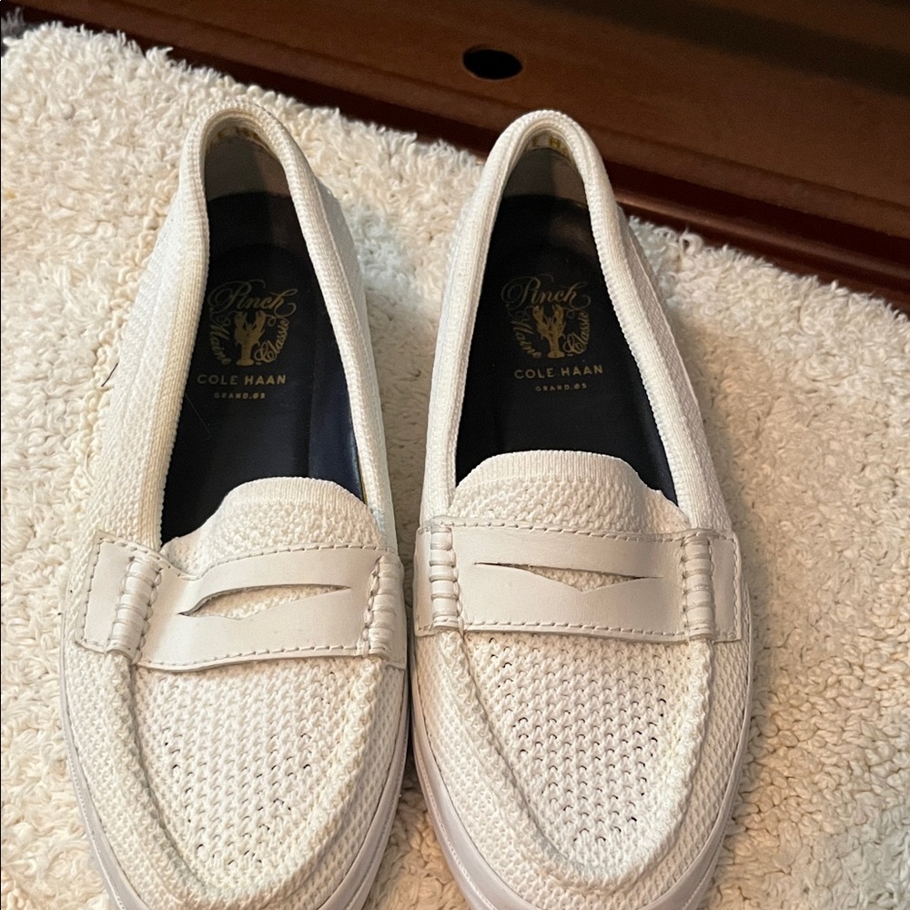 Cole Haan Cream Knit Penny Loafers with Leather Strap
